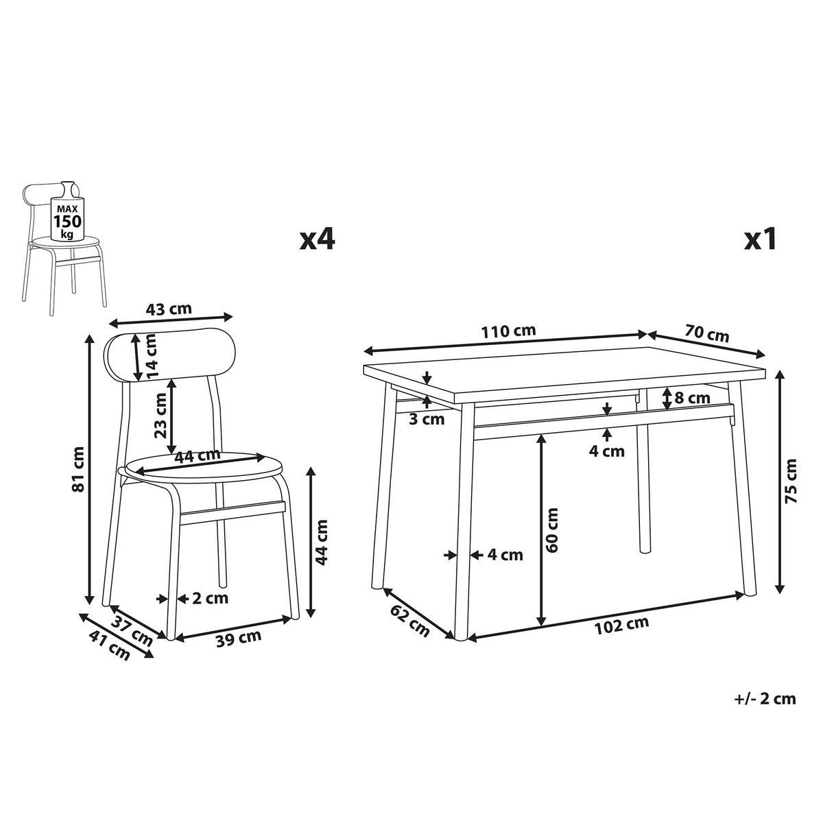 ESSGRUPPE Grau meliert, Schwarz 4-Sitzer 110/70 cm Velden - Grau, Holzwerkstoff (110/81/70cm) - Beliani