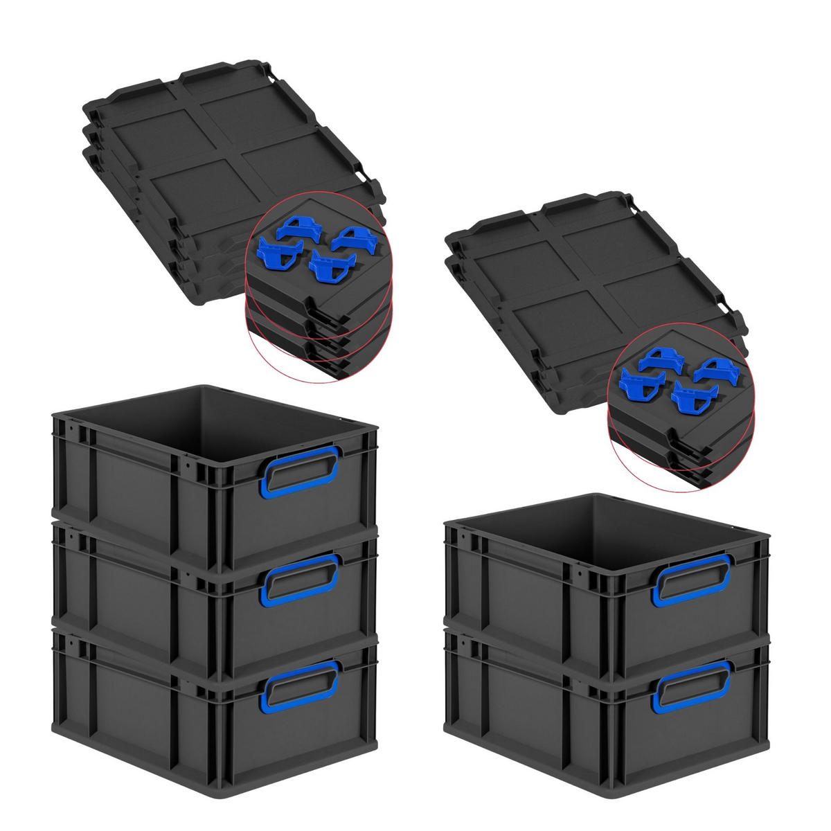 EUROBOX 5x NextGen Color mit Auflagedeckel 17x30x40 cm 16 Liter Schwarz Griffe blau zu - Blau/Schwarz, Kunststoff (30/17/40cm) - PROREGAL