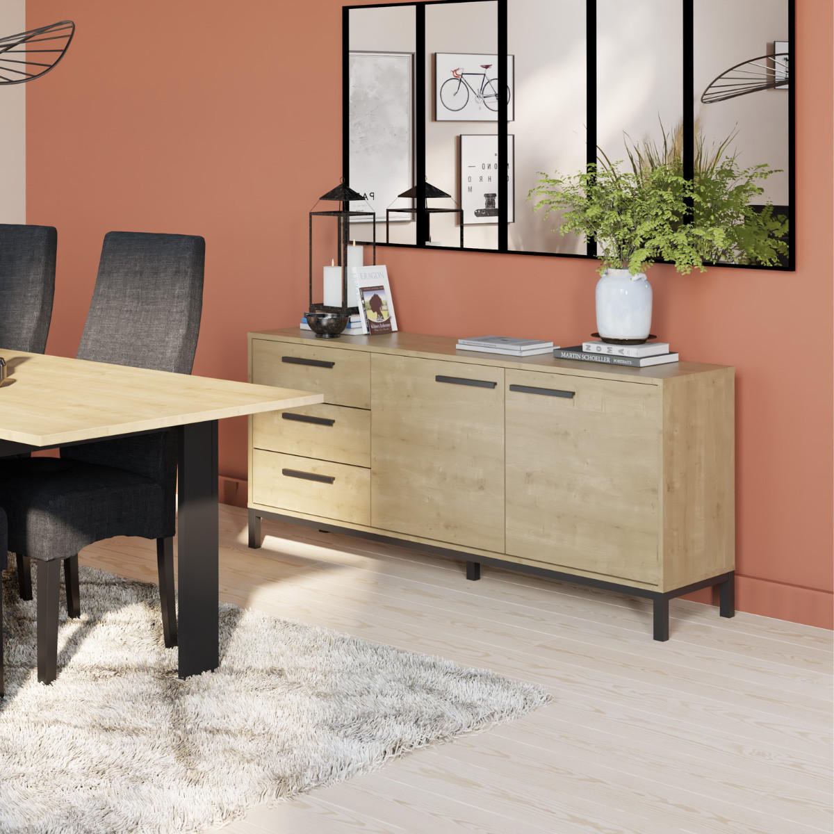 SIDEBOARD mit 2 Türen und 3 Schubladen, Dekor Eiche Hamilton und Schwarz matt - L152,5 cm - Apfelbaumfarben, Holzwerkstoff (39.5/72.3/152.5cm) - Calicosy