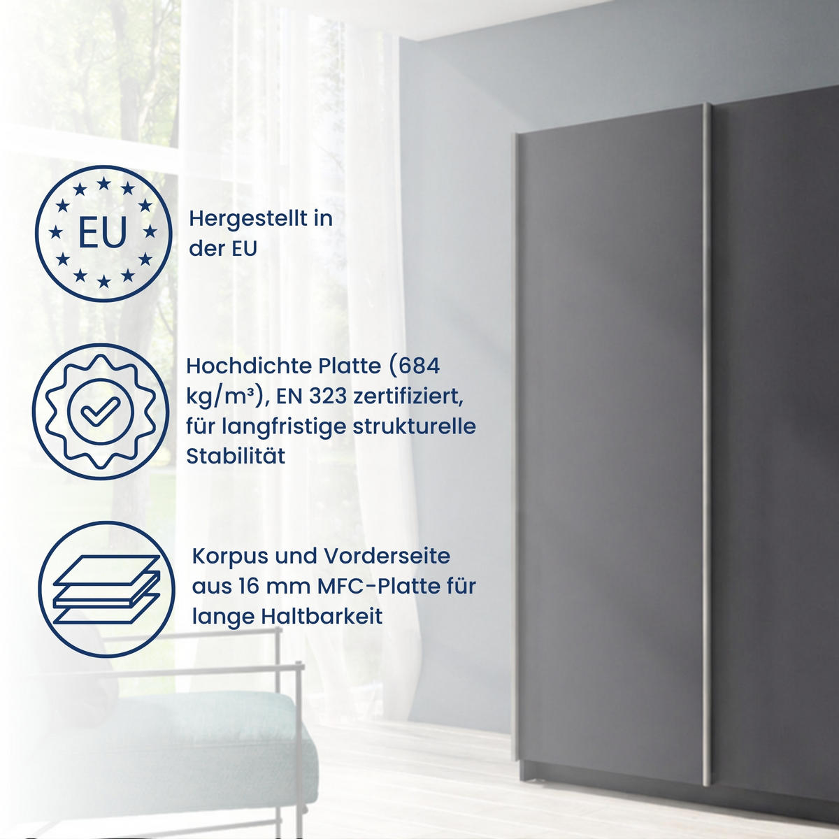 SCHWEBETÜRENSCHRANK 2-Türen 180 cm in Graphit - Graphitfarben, Holzwerkstoff (62/198.5/180.6cm) - Home Collective