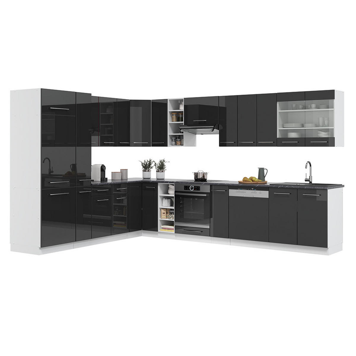 ECKKÜCHE Fame-Line Anthrazit Hochglanz/Weiß 347 x 257 cm ohne AP - Anthrazit/Weiß, Holzwerkstoff (347/81.6/46cm) - Vicco