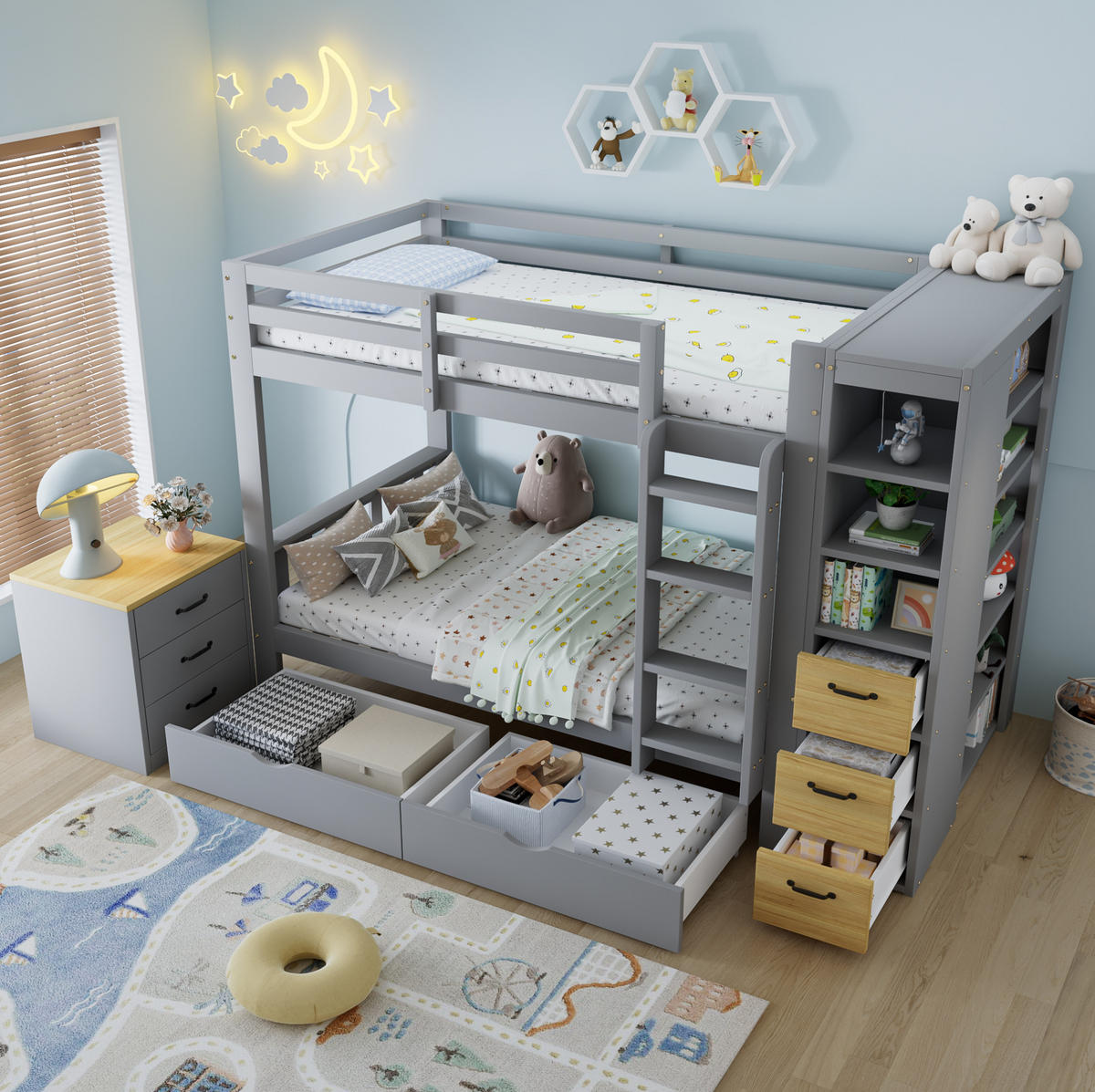 ETAGENBETT 90/200 cm Hellgrau mit Nachtkommode, Regal und Schubladen ohne Matratze - Hellgrau, Holz (90/200cm) - MIVRAY