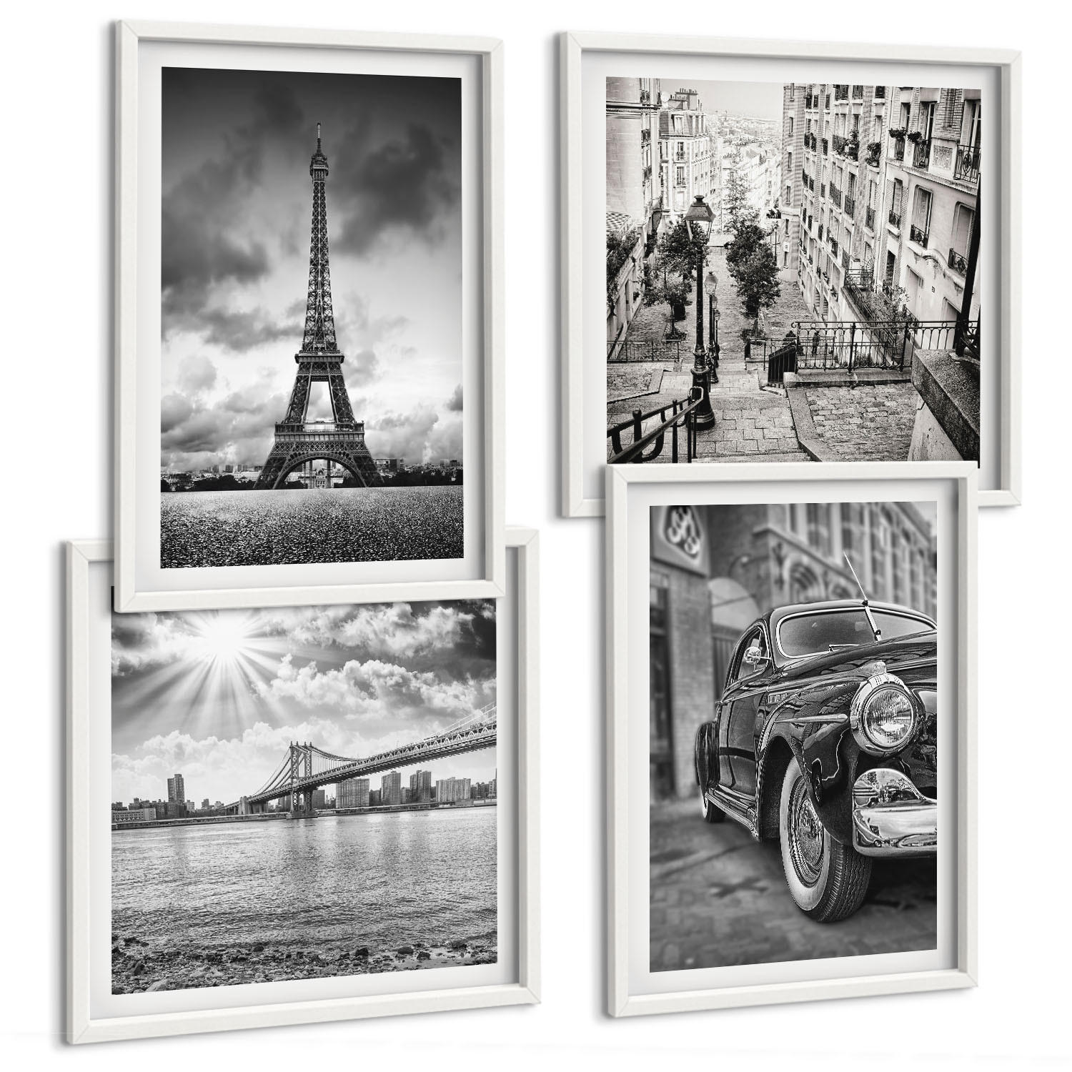 BILDER SET 4er Set - 50x50 cm & 40x60 cm Weißer Rahmen - Stadtansichten, Brücken, Eiffelturm, Auto - Weiß, Kunststoff (50/50cm) - TULUP