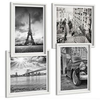 BILDER SET 4er Set - 50x50 cm & 40x60 cm Weißer Rahmen - Stadtansichten, Brücken, Eiffelturm, Auto - Weiß, Kunststoff (50/50cm) - TULUP