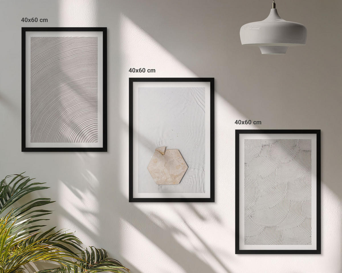 WANDBILDER 3er-Set - 40x60 cm Schwarzer Rahmen - Leichte Boho-Sandtexturen - Schwarz, Kunststoff (40/60cm) - ArtPrintCave
