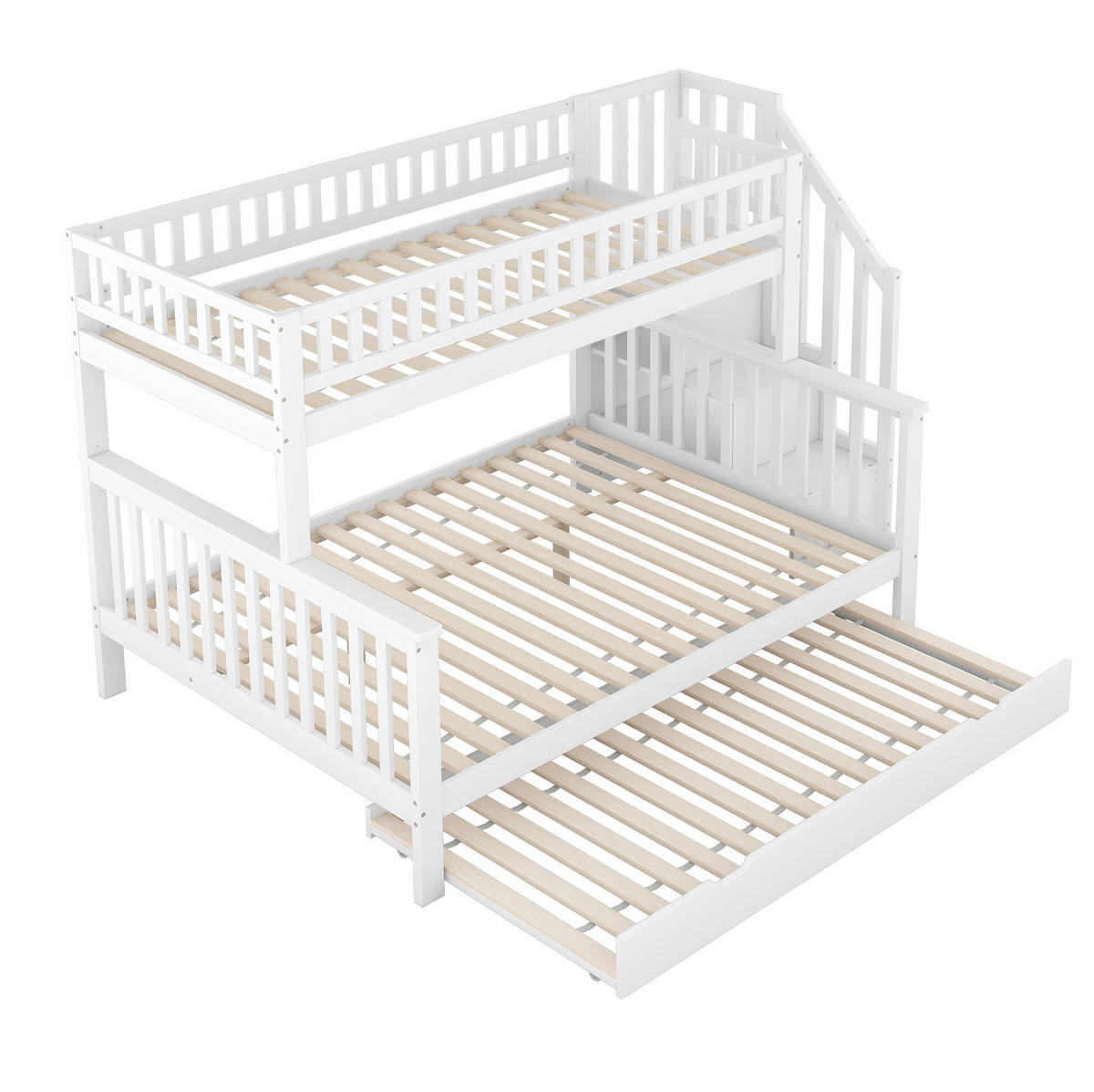 ETAGENBETT aus Kiefernholz und MDF 90x200/140x200 cm Weiß mit Ausziehbett, Stauraumtreppe und Lattenrost - Weiß, Holz (90/200cm) - IVMEU