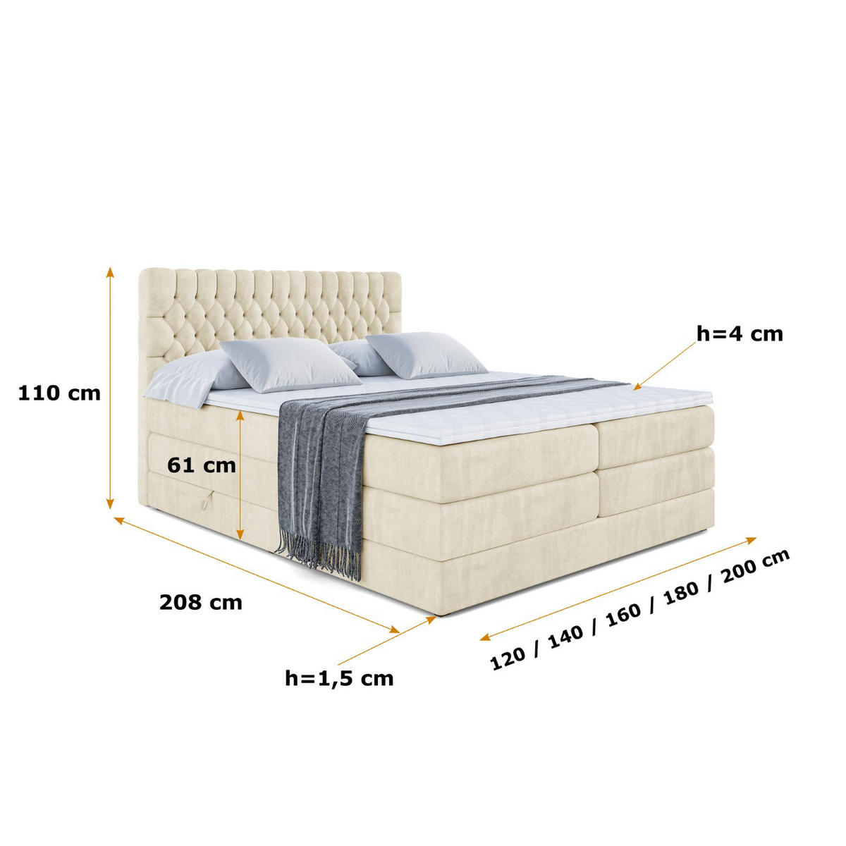 BOXSPRINGBETT SERENE KING - 140 x 200 - H3/H4 - Beige - Beige, Holzwerkstoff (140/200cm) - ALTDECOR