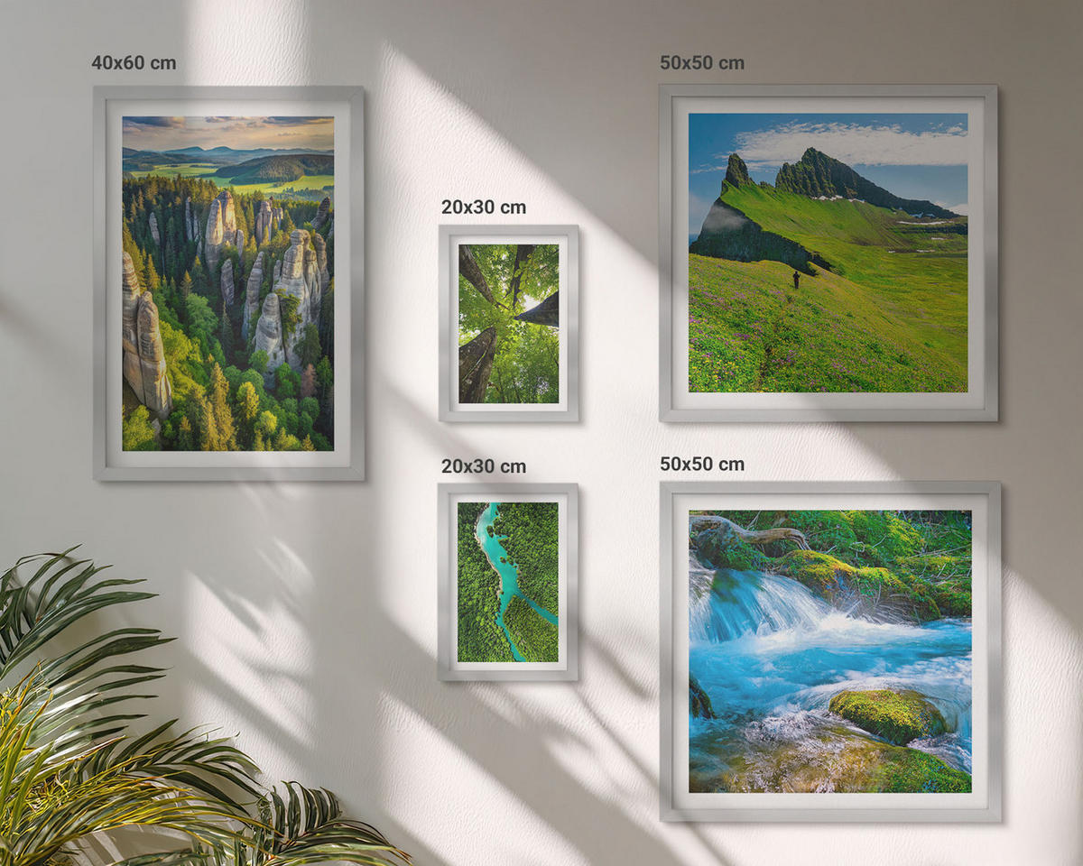 WANDBILDER 5er Set - 50x50 cm & 20x30 cm & 40x60 cm Silberner Rahmen - Wasserfälle grüner Wald Wasser - Silberfarben, Kunststoff (40/60cm) - ArtPrintCave