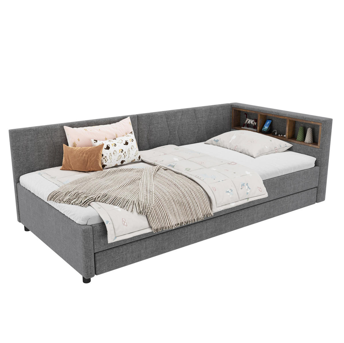 POLSTERBETT 90/200 cm Grau mit LED-Beleuchtung und USB- und Type-C-Anschlüssen - Grau, Textil (90/200cm) - Flora Grace