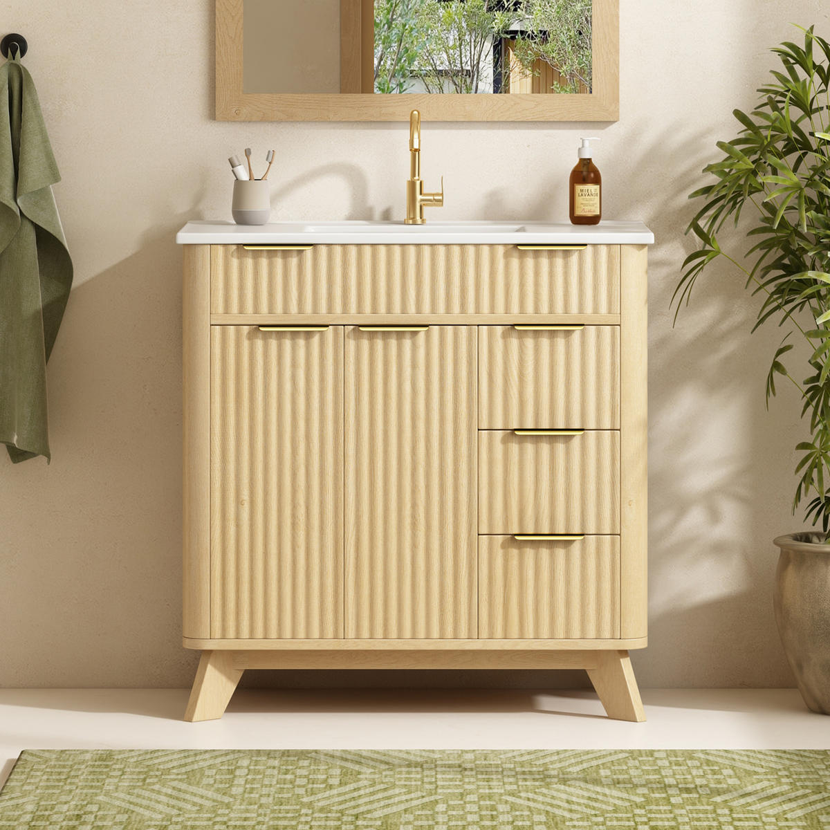 BADEZIMMERSCHRANK Wellenoptik Holzton 3 Schubladen 81cm - Naturfarben, Keramik (81/90/47cm) - FLIEKS