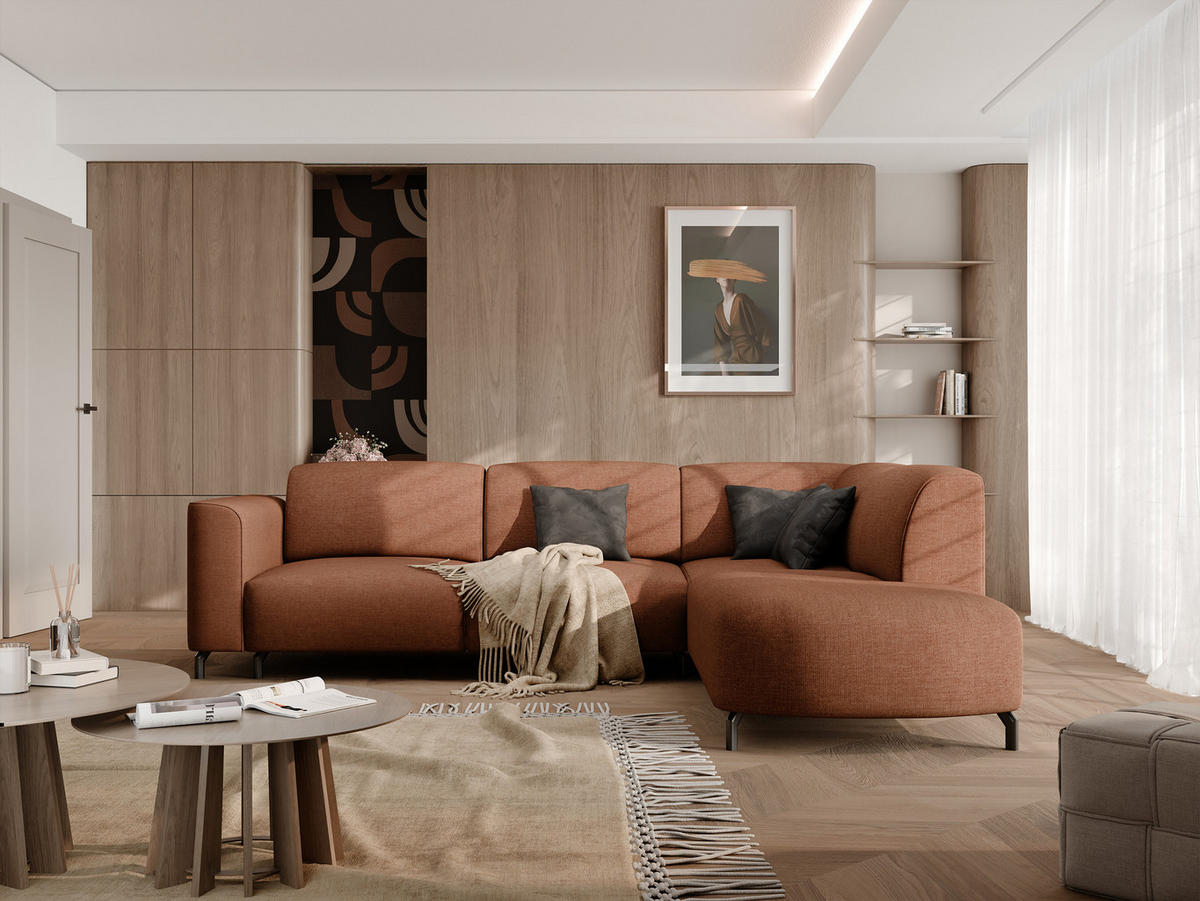 ECKSOFA TORIN Chenille-Stoff in Orange - Orange, Holzwerkstoff/Kunststoff (277/218cm) - Idohome