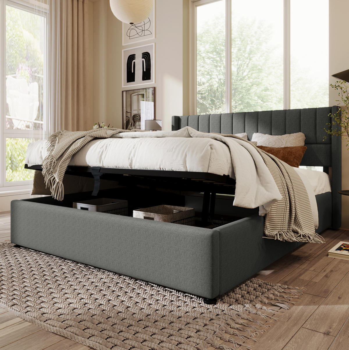 BETT mit Bettkasten 140x200 cm Leinen Grau - Grau, Metall (140/200cm) - Meubliv