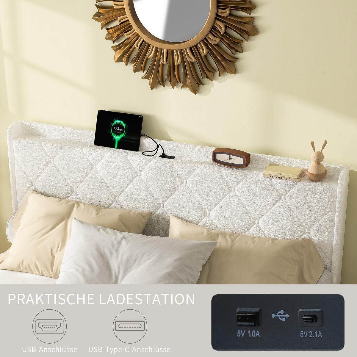 POLSTERBETT 140/200 cm Beige mit 6 Ablagefächer, USB-Ladefunktion und LED-Lichtleisten - Weiß, Textil (140/200cm) - Oxeza