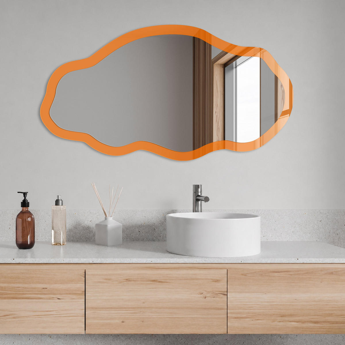 SPIEGEL 90x45 cm asymmetrisch mit Druck - Kräftiges Orange - Transparent, Glas (45/90/0.4cm) - TULUP