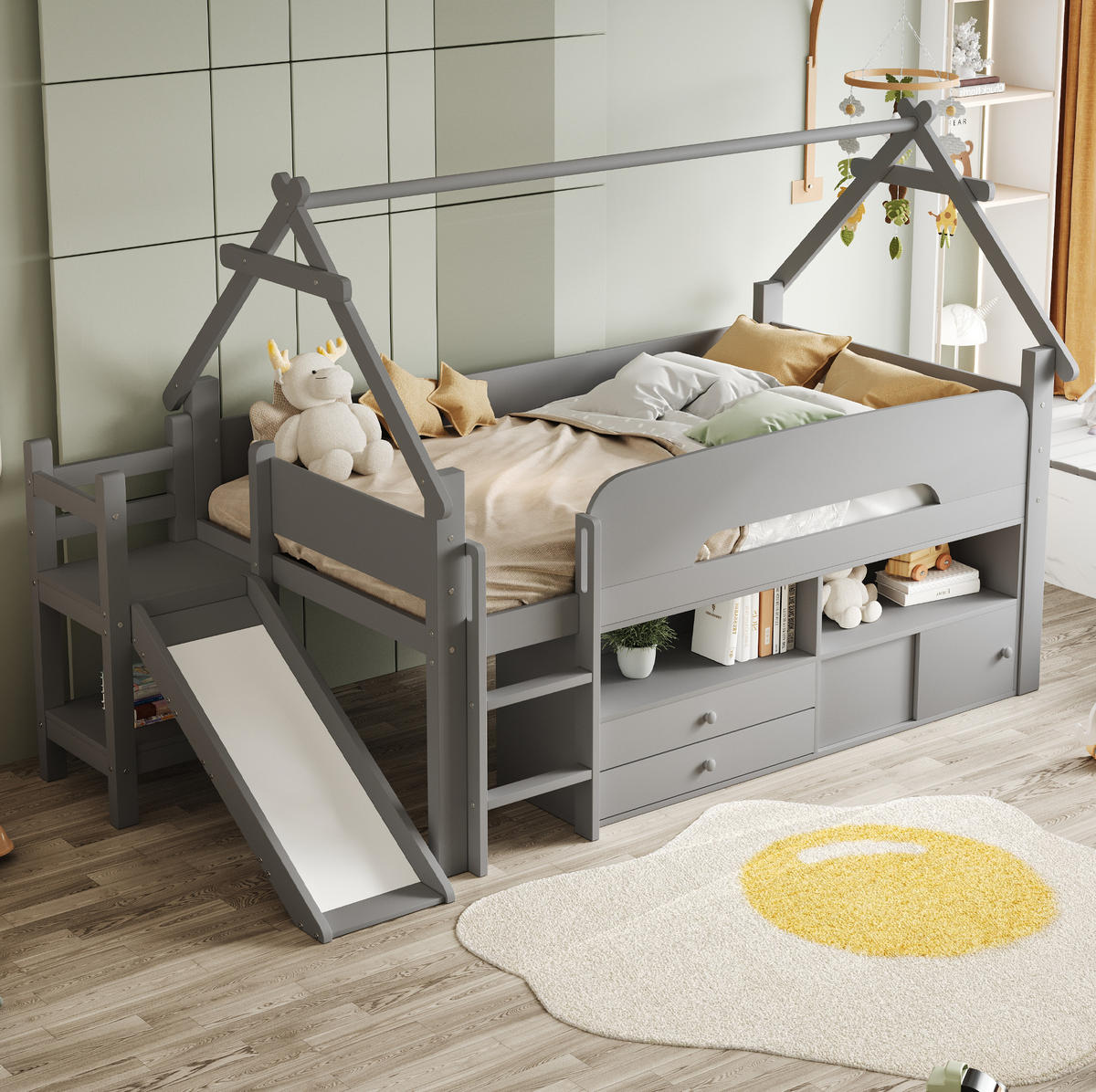 PATROVÁ postel 90/200 cm šedá z masivního dřeva a MDF s výsuvem - šedá, kompozitní dřevo (90/200cm) - OKWISH