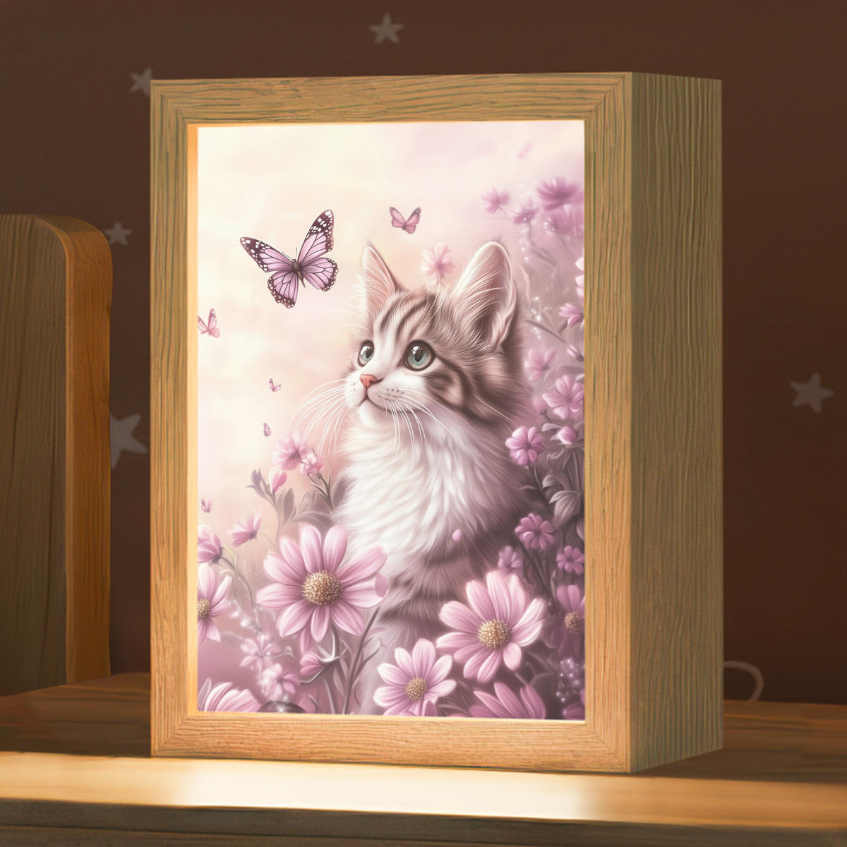 NACHTTISCHLAMPE Kätzchen - Blumen - Schmetterlinge - Lila 15x20 cm - Altrosa, Holzwerkstoff (8/15/20cm)