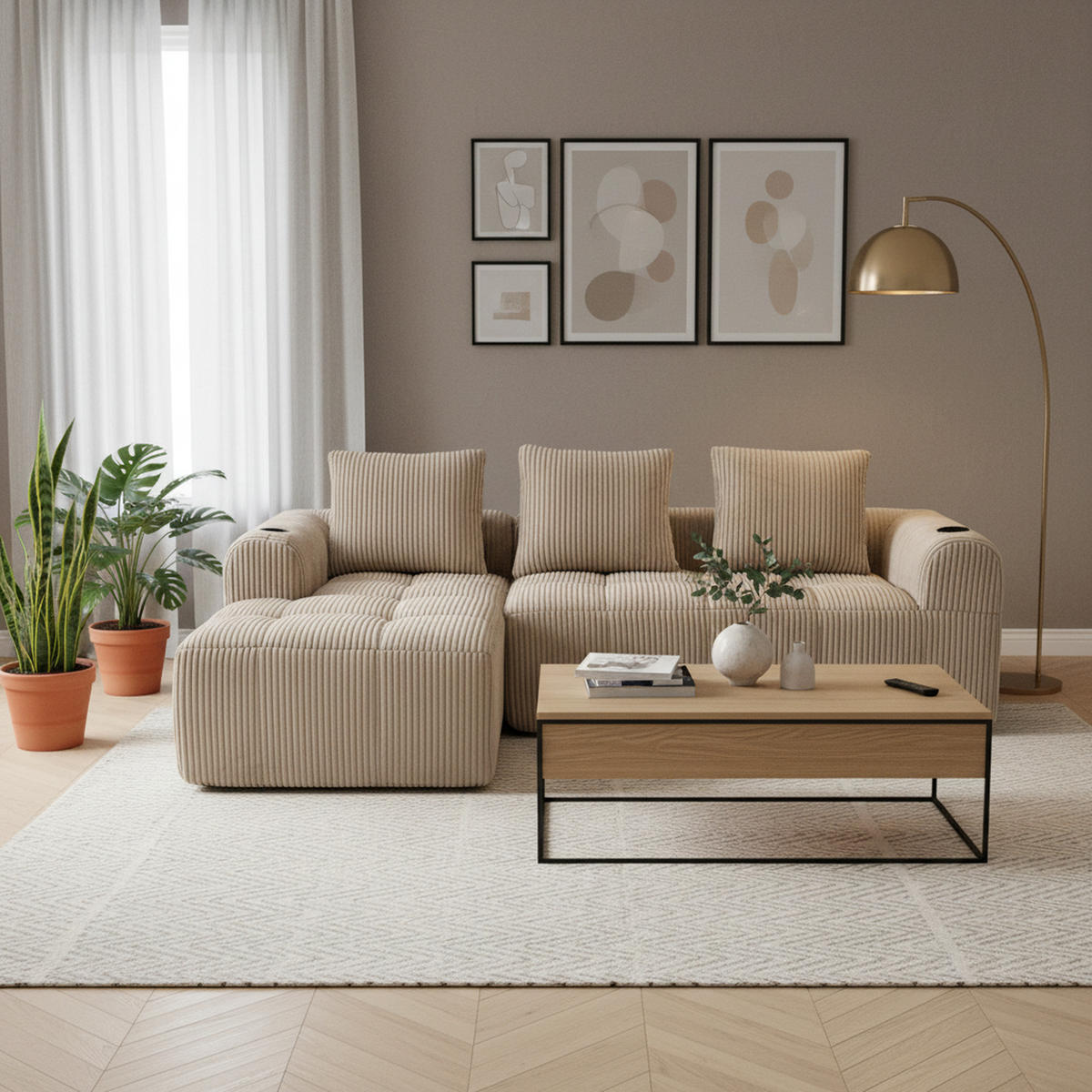 ECKSOFA 3-Sitzer mit Getränkehalter, Seitentaschen & 3 Kissen - Taupe, Textil (253/158cm) - Urban Meuble
