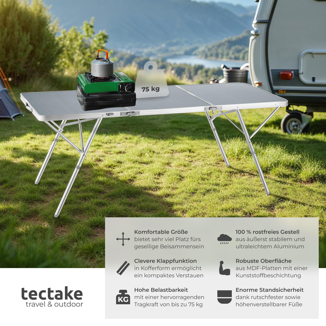 CAMPINGTISCH Jumbo,180 x 70 x 70,5 cm,silber - Silberfarben, Metall (180/70/70.5cm) - tectake