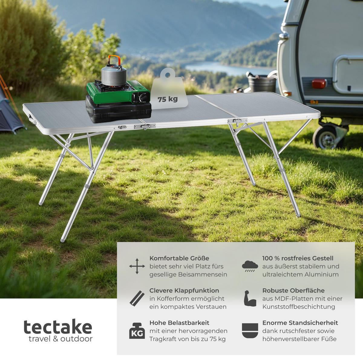 CAMPINGTISCH Jumbo,180 x 70 x 70,5 cm,silber - Silberfarben, Metall (180/70/70.5cm) - tectake