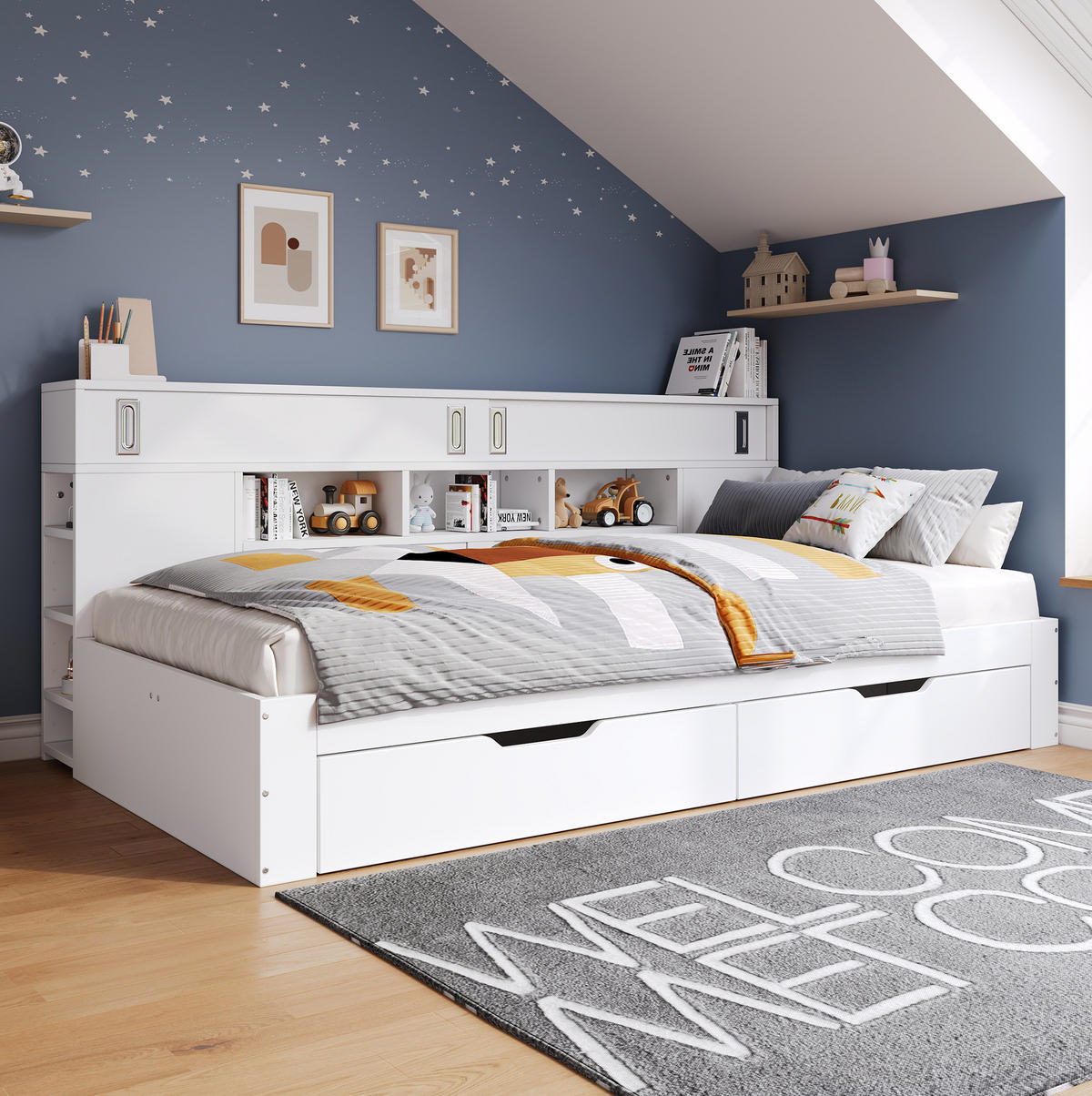 KINDERBETT aus MDF 140x190 cm Weiß mit 2 Schubladen, Schiebetürenschrank und verstellbaren Regalen - Weiß, Holzwerkstoff (140/190cm) - Modfu