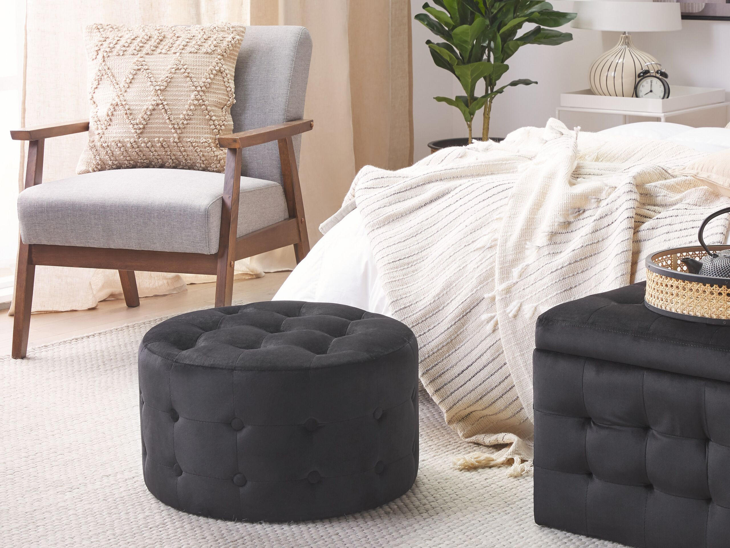 Thumbnail - Beliani Pouf, Schwarz, Textil, 1-Sitzer, Rund, 55x30x55 cm, Wohnzimmer, Hocker, Poufs