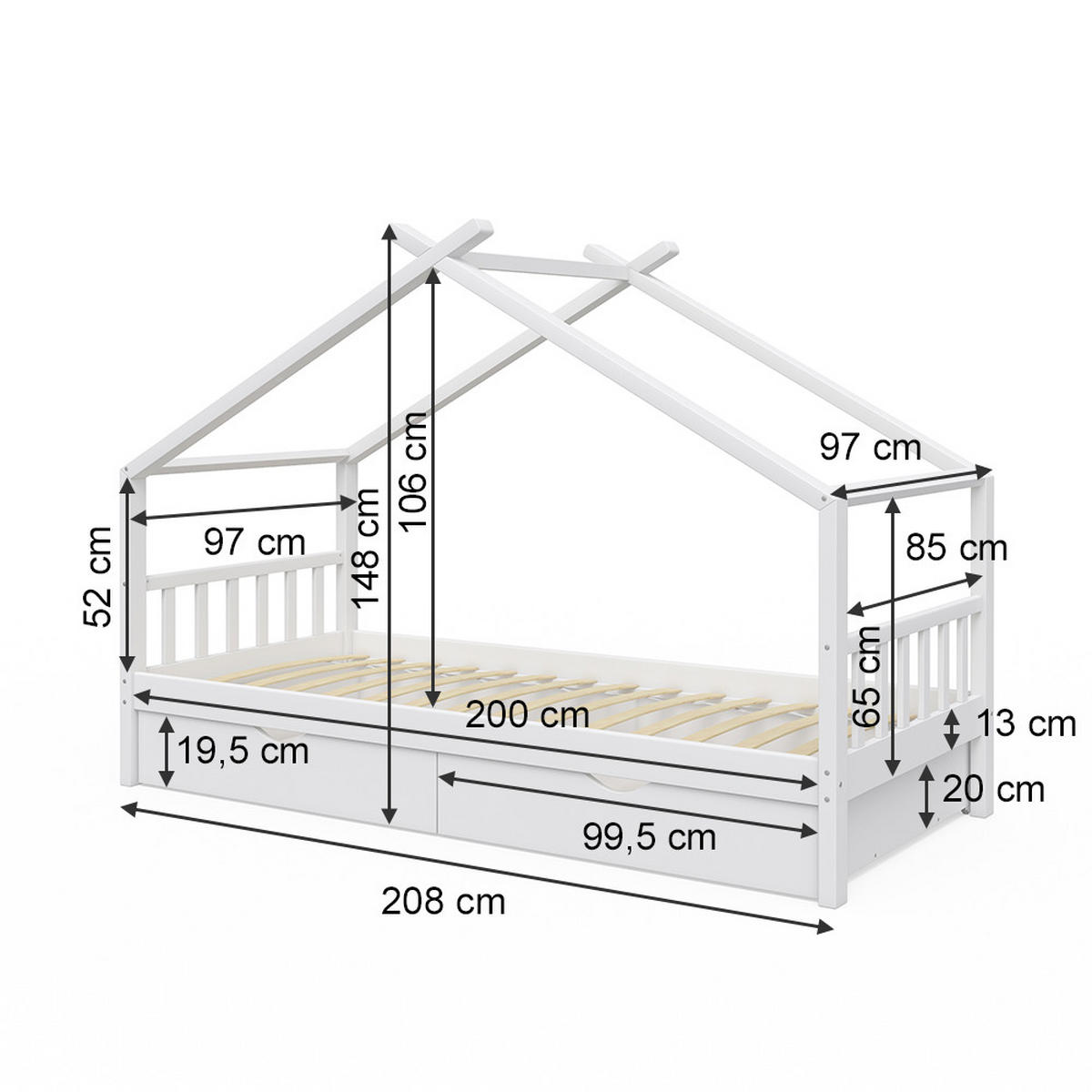 HAUSBETT Design Weiß 90x200 cm mit 2 Schubladen und Matratze - Weiß, Holz (90/200cm) - VitaliSpa