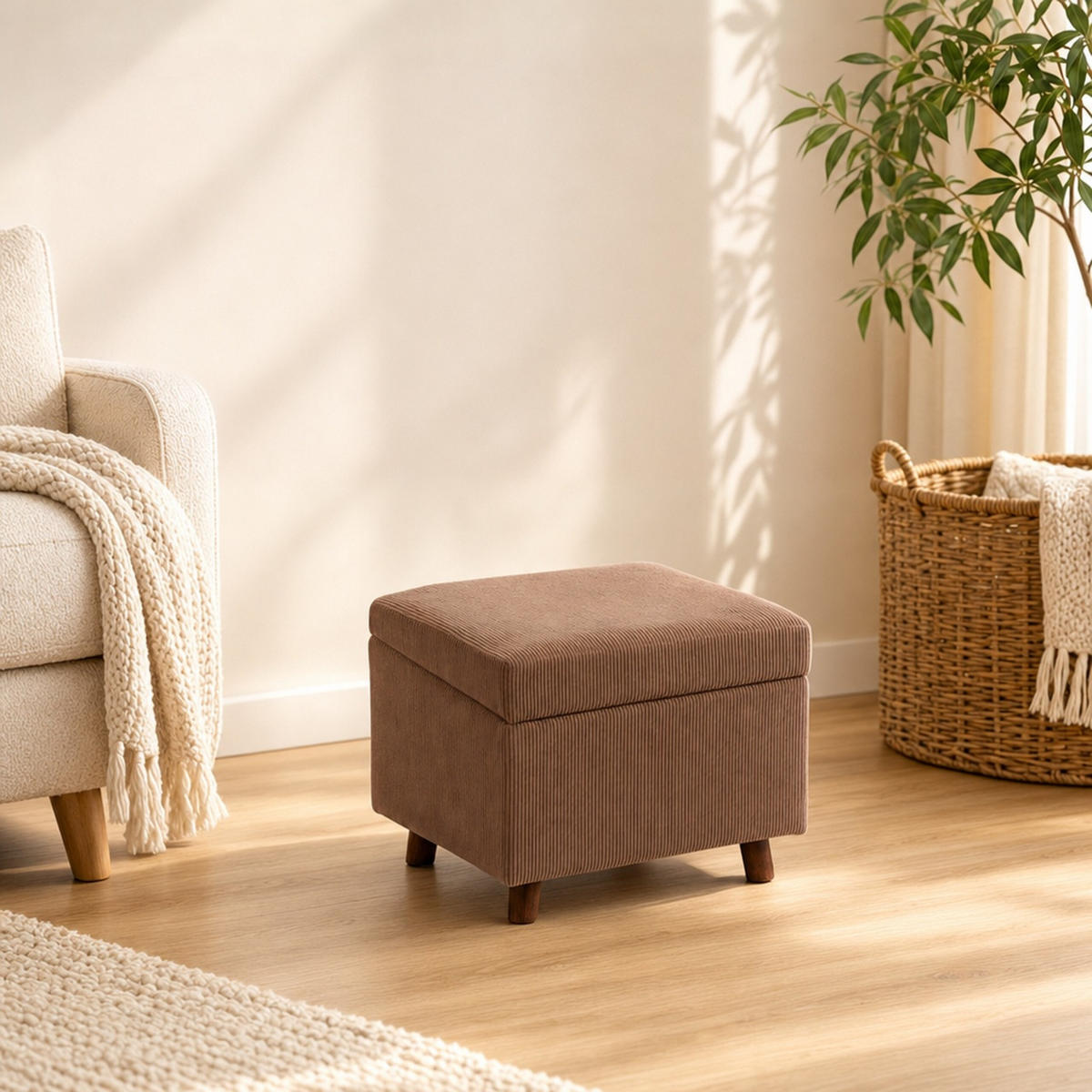 TABURET Hnědý manšestr s úložným prostorem 40 cm - hnědá, dřevo/kompozitní dřevo (46/40/40cm) - Relaxdays