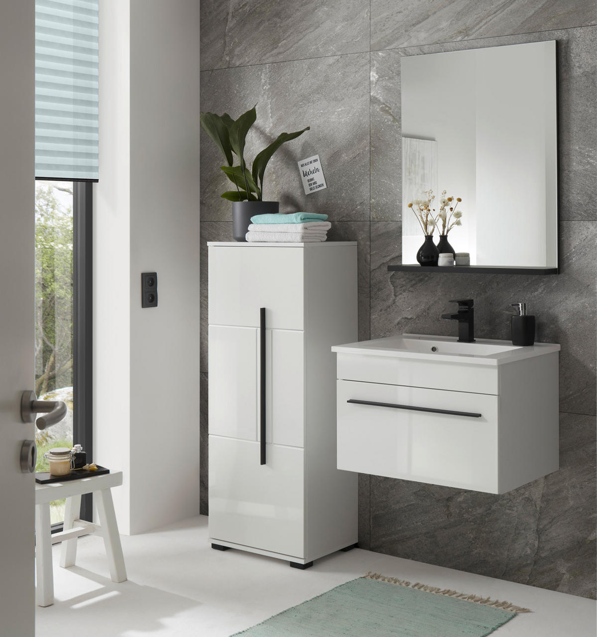 BADMÖBEL-SET weiß Hochglanz schwarz, Badkombination MIT Waschbecken, 60 x 200 cm - Weiß Hochglanz/Schwarz, Holzwerkstoff/Kunststoff (60/200/45cm) - Furn.Design