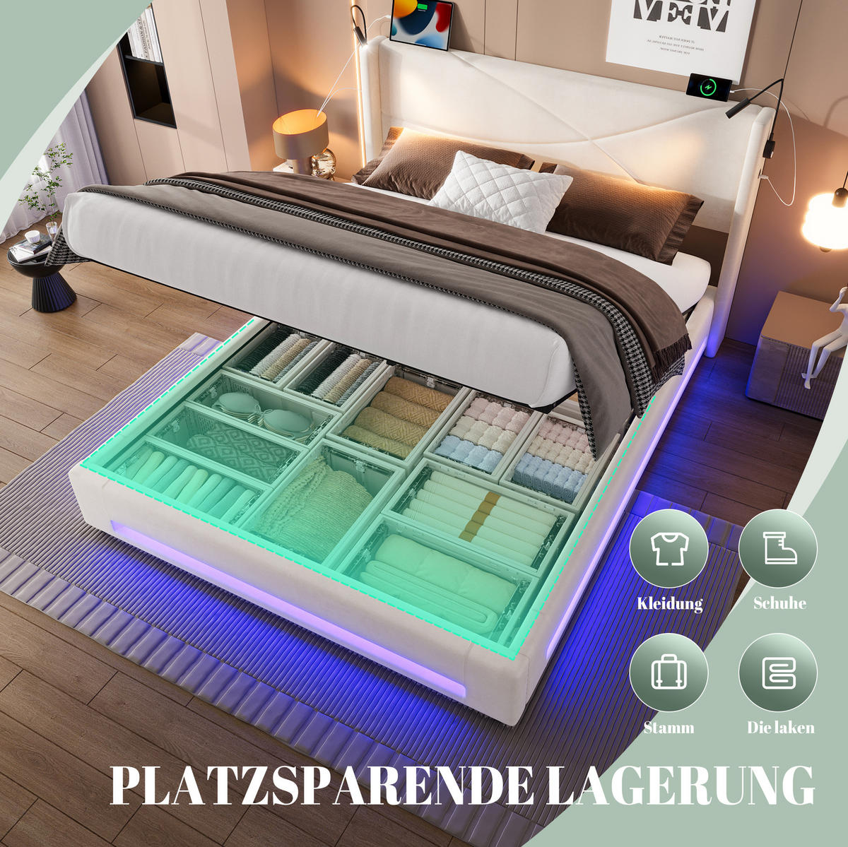 POLSTERBETT 140/200 cm mit LED-Beleuchtung, 2 Leselampen, USB-Anschlüssen und hydraulischem Stauraum, Beige - Beige, Textil (140/200cm) - Redom