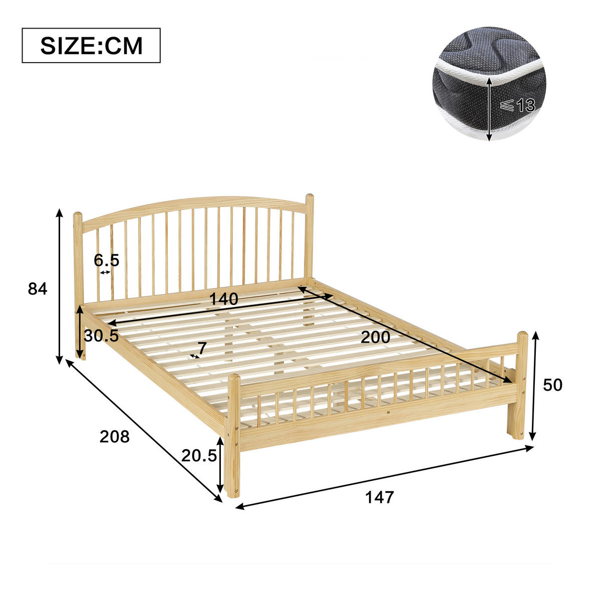BETT 140/200 cm in Beige & Natur Massivholz mit Lattenrost Gitter-design - Naturfarben, Holzwerkstoff (140/200cm) - STILVORA
