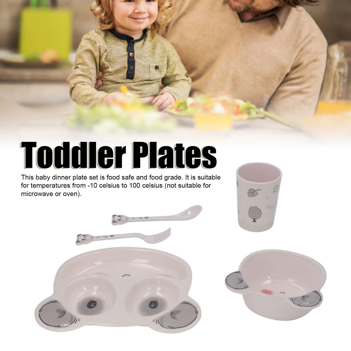 KINDERTELLER-SET, Panda, Saugfuß, 5-teilig, Melamin, BPA-frei, rutschfest, Kleinkind - Grau, Naturmaterialien