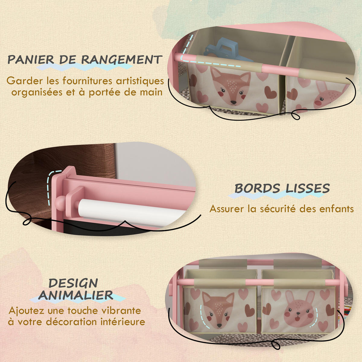 MALTAFEL DE-18185 3-in-1 mit Papierrolle, Tierdekor Rosa - Pink, Holzwerkstoff (46.5/93/54cm) - ComfortXL