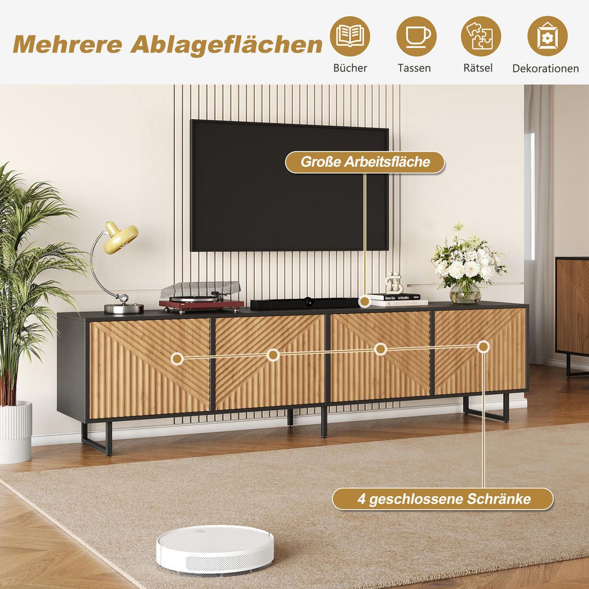 TV STOLEK přírodní barva se 4 dvířky, vakuově tvarovaný design, pro TV do 80", 180 × 40 × 50 cm - přírodní/černá, kov/sklo (180/50/40cm) - STILVORA