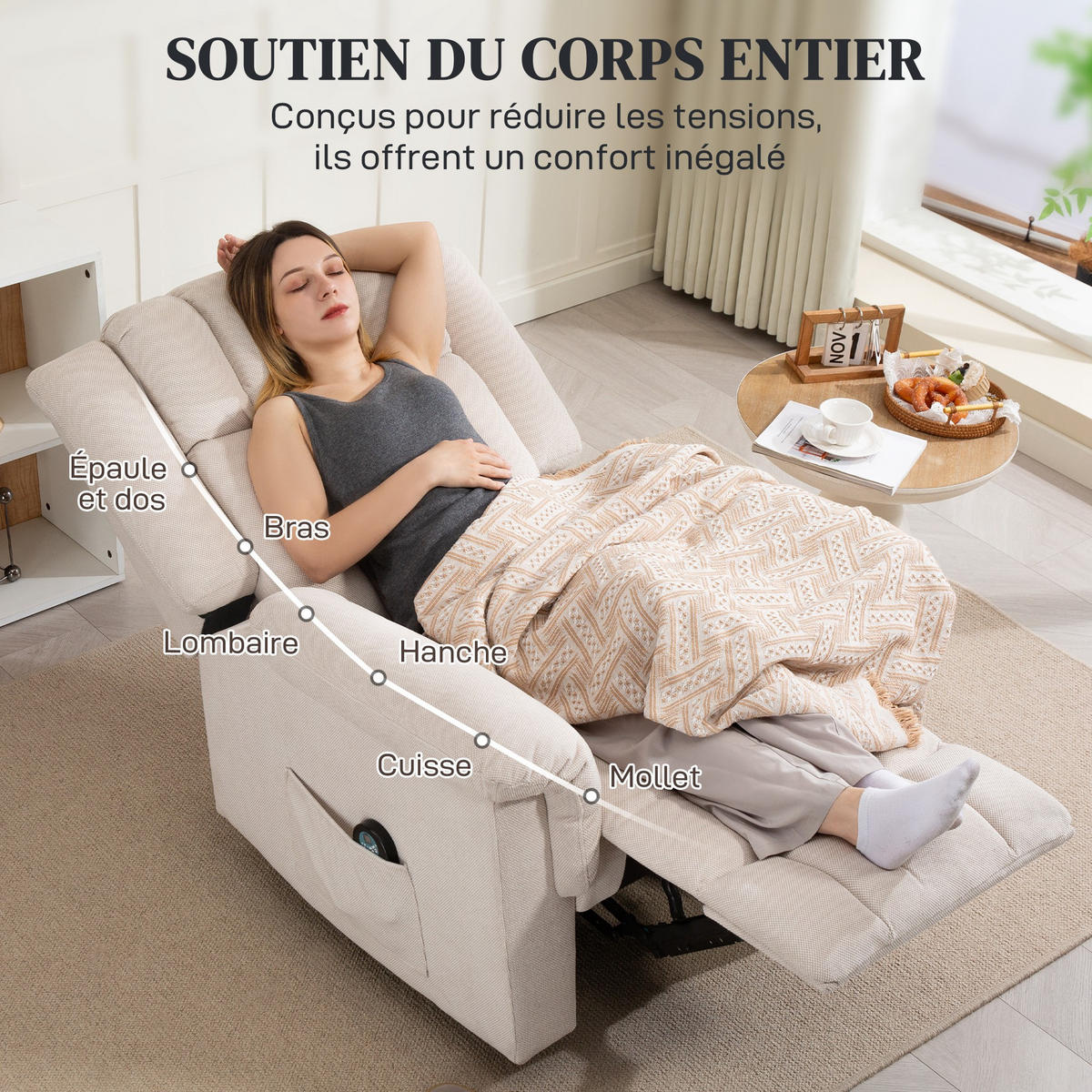 MASSAGESESSEL Beige mit Massage- und Heizfunktion 91/85/104 cm - Beige, Textil (91/104/85cm) - PANGIVO