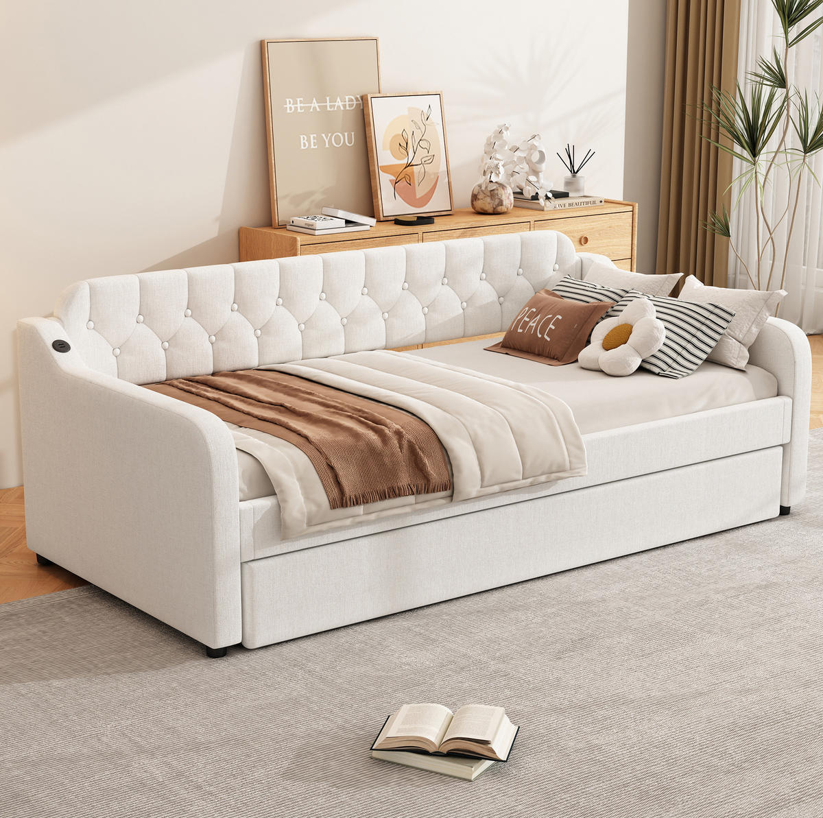 TAGESBETT 90/200 cm mit ausziehbarem Rollbett und USB-Anschluss, Beige - Beige, Textil (90/200cm) - Redom