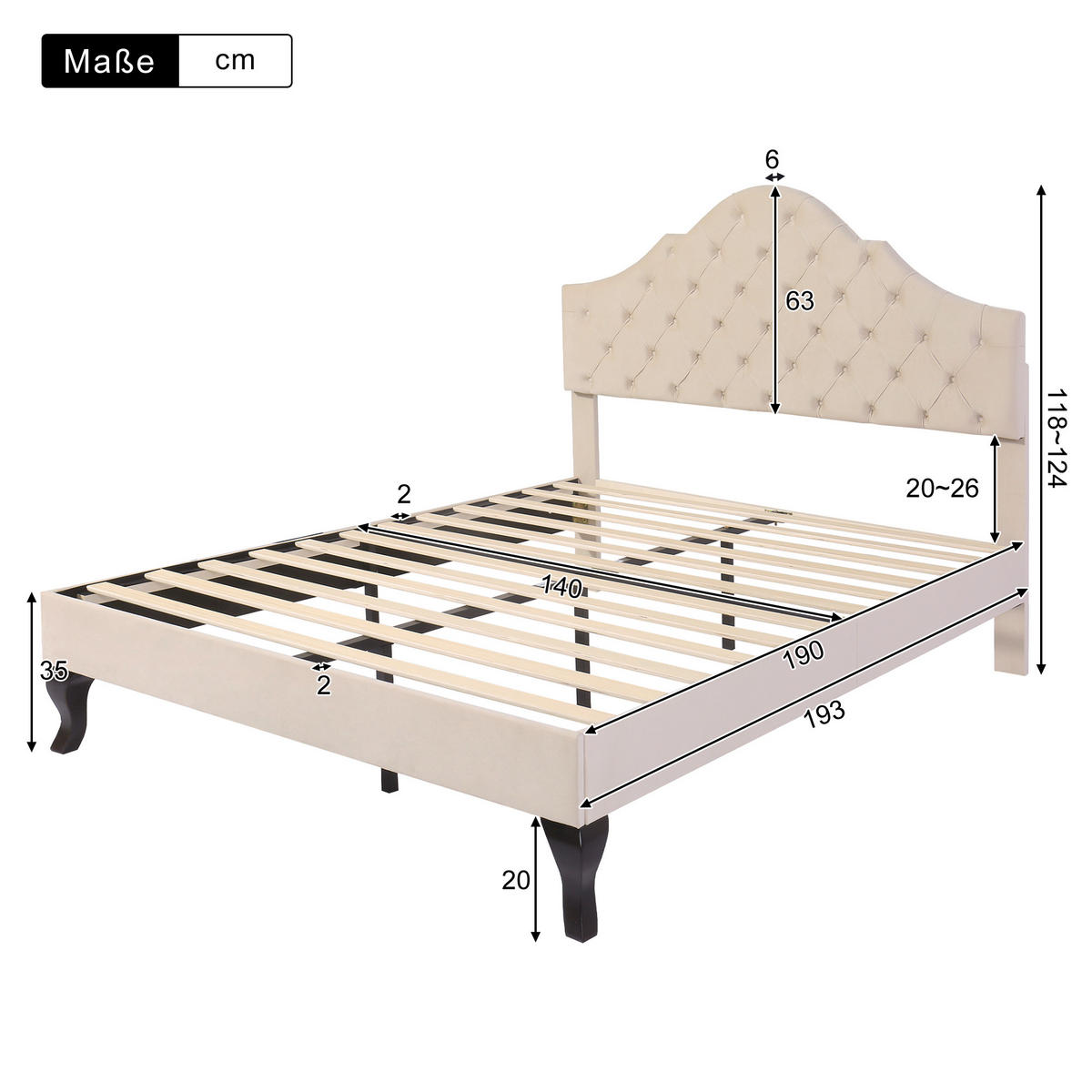 POLSTERBETT 140/190 cm beige aus Samt mit höhenverstellbarem Kopfteil - Beige, Textil (140/190cm) - OKWISH