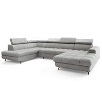 WOHNLANDSCHAFT CORENO Hellgrau Boucle-Stoff mit Schlaffunktion - Hellgrau, Holz (345/88/190cm) - MASSENO