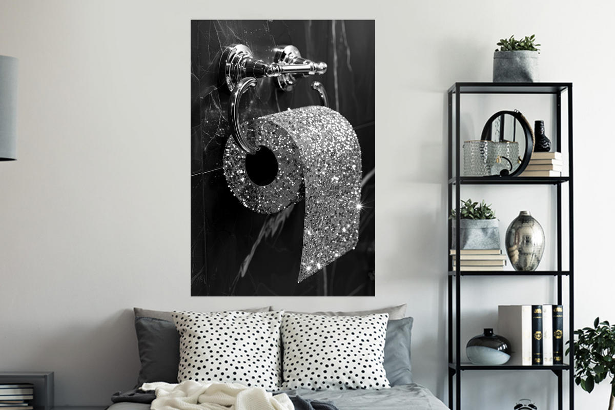 WANDTATTOO WC - Toilettenpapier - Schwarz und weiß - Glitter 80x120 cm - Silberfarben, Kunststoff (80/120/0.1cm) - MuchoWow