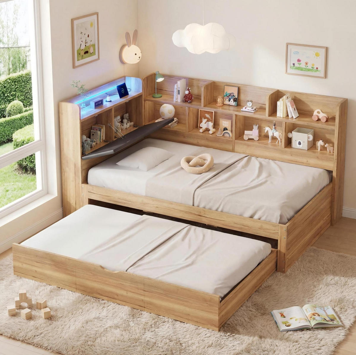 KINDERBETT 90/200/190 cm in Natur aus MDF mit Ausziehbett, LED und Stauraum - Naturfarben, Holzwerkstoff (90/200cm) - OKMYHOME