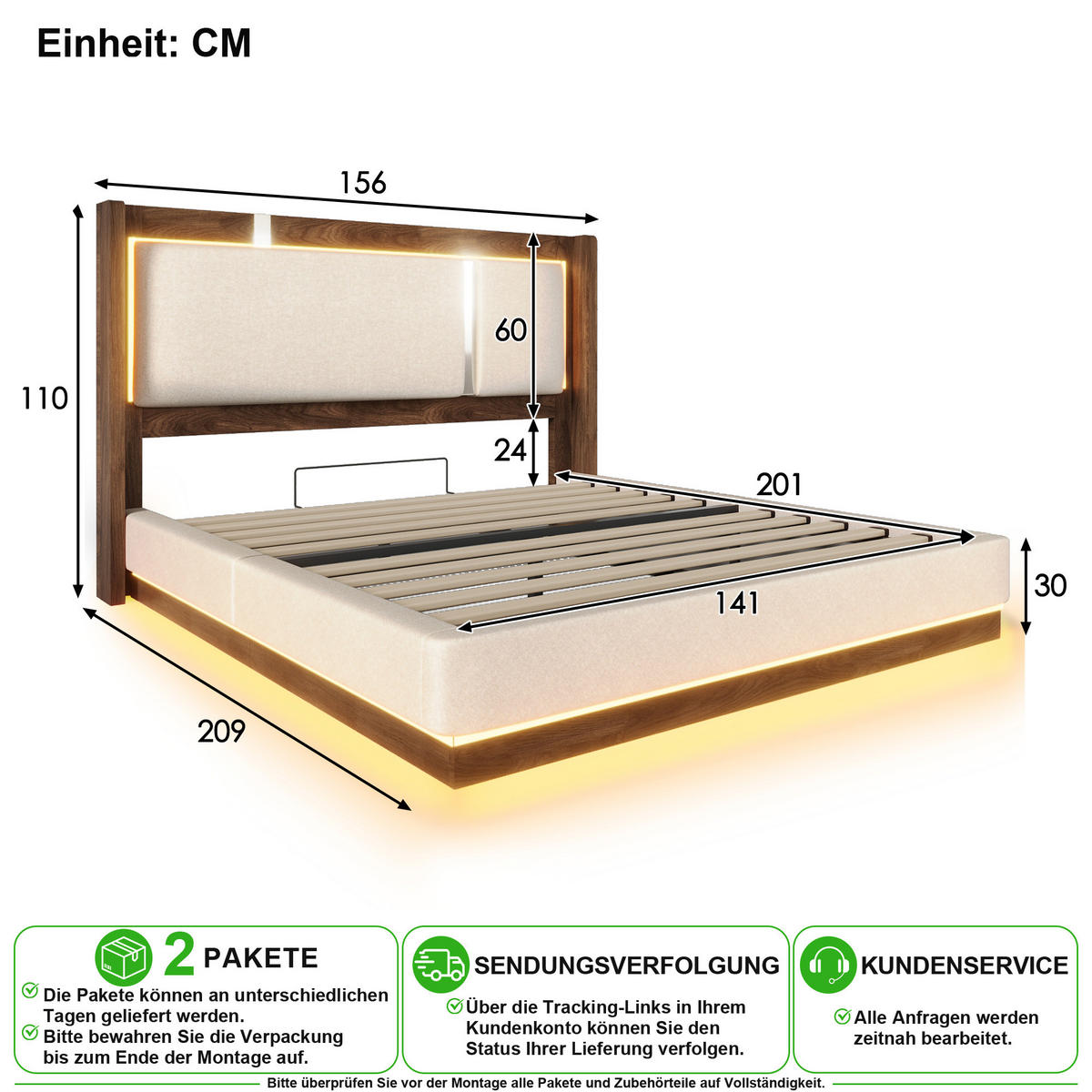 ČALOUNĚNÁ POSTEL 140/200 cm v béžové barvě s LED osvětlením a úložným prostorem - béžová, kov/kompozitní dřevo (140/200cm) - CHICFURN