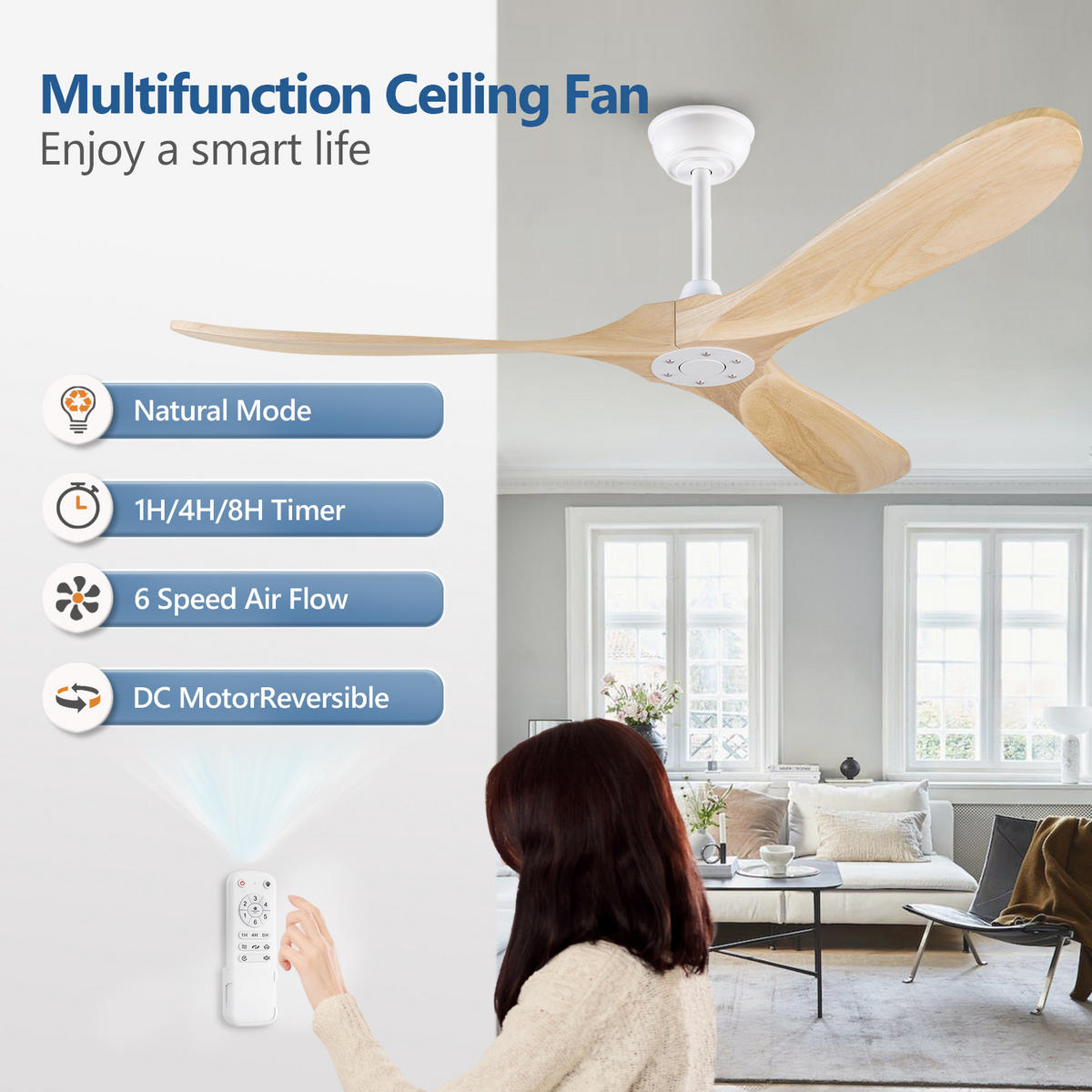 DECKENVENTILATOR DE-16220 60 Zoll ohne Licht mit Fernbedienung Naturholz - Naturfarben, Holz/Metall (152/152/32cm) - ComfortXL