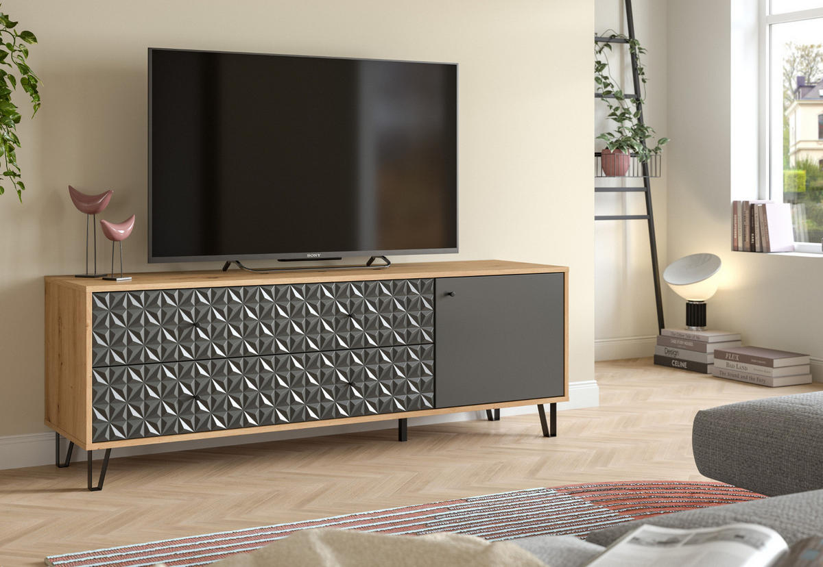 TV-LOWBOARD grau, Eiche Artisan 164 x 56 cm, TV Unterteil mit 3D-Struktur - Schwarz/Eiche Artisan, Holzwerkstoff/Kunststoff (164/56/40cm) - Inn.Furn