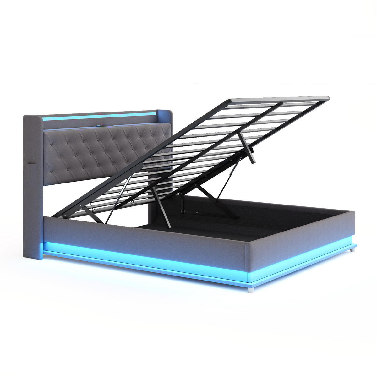 POLSTERBETT aus Stoff 140x200 cm Grau mit LED-Beleuchtung, USB-Anschluss und hydraulischem Stauraum - Grau, Textil (140/200cm) - IVMEU