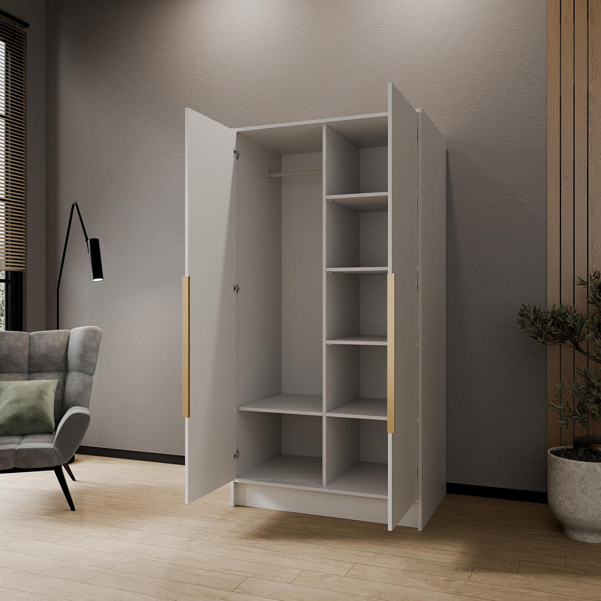 DREHTÜRENSCHRANK RENVO 102/200/51 cm Modern Kleiderschrank 2-türig mit Spiegel Weiß - Weiß, Holzwerkstoff (102/200/51cm) - MASSENO