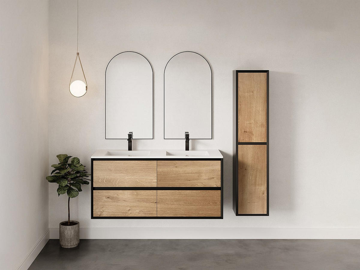 BADSCHRANK - 35 cm x 25 cm - Holz, Platte - Schwarz, Naturfarben Hell - LANNICK - Schwarz/Naturfarben, Holz (35/140/25cm) - Vente-Unique