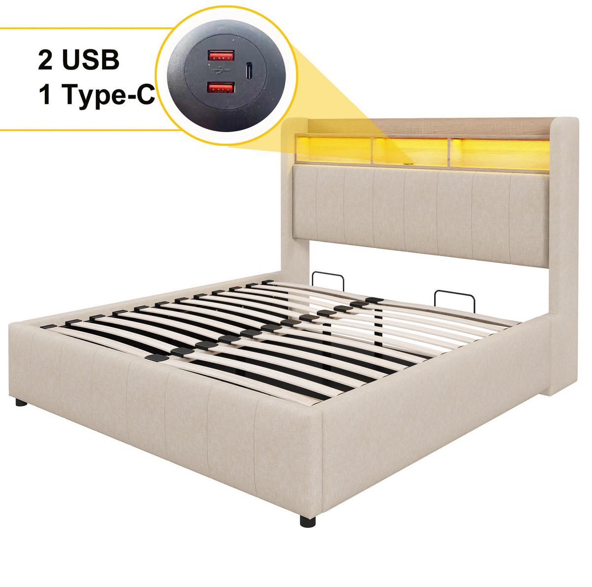 POLSTERBETT 160/200 cm Beige aus Leinenstoff mit LED und Stauraum - Beige, Textil (160/200cm) - OKMYHOME