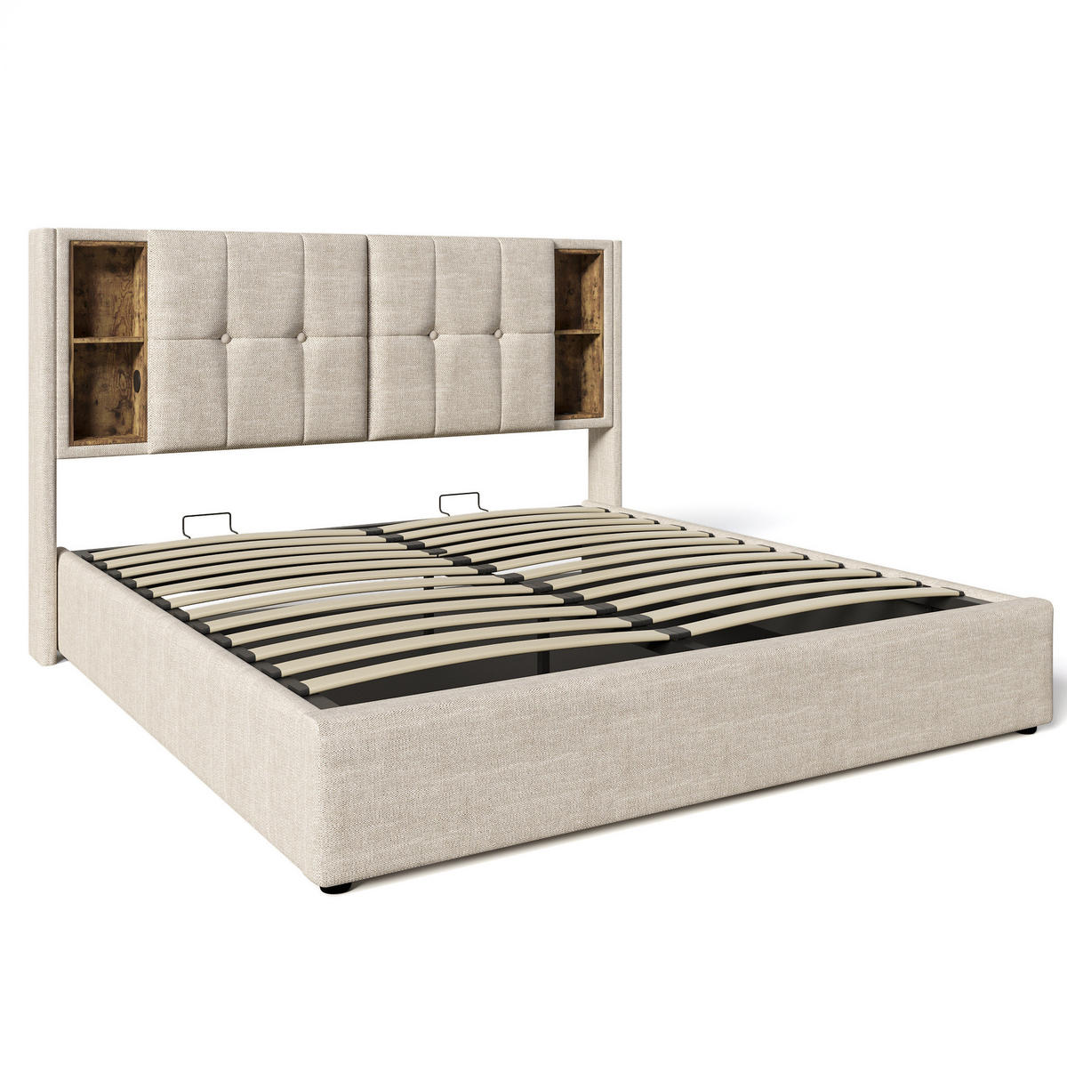 POLSTERBETT 160/200 cm in Natur mit Stauraum, kabellosem Laden und USB - Naturfarben, Textil (160/200cm) - Flora Grace