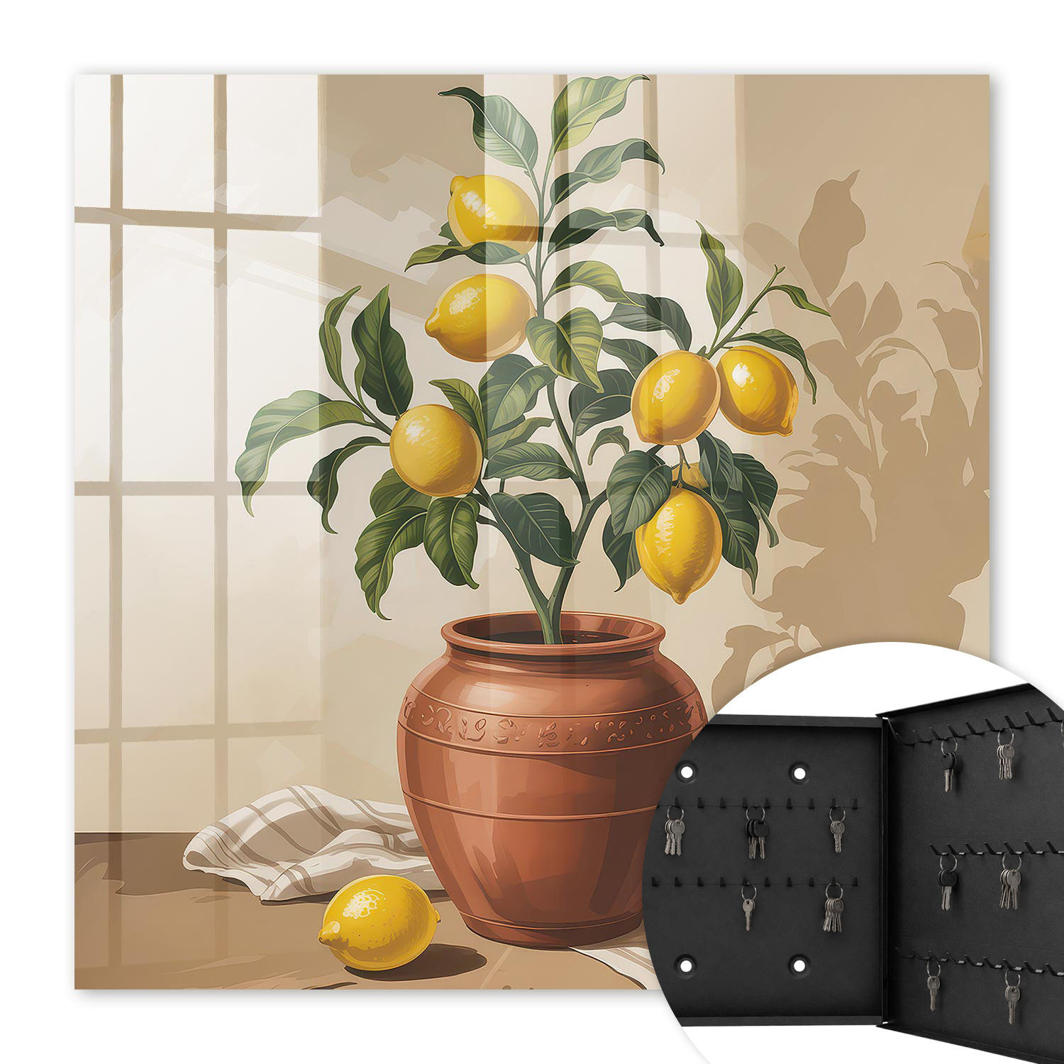 SCHLÜSSELBOX Schwarz 30x30 cm- Türöffnung nach rechts - Zitronenbaum - Gelb, Metall (30/30/5cm) - TULUP