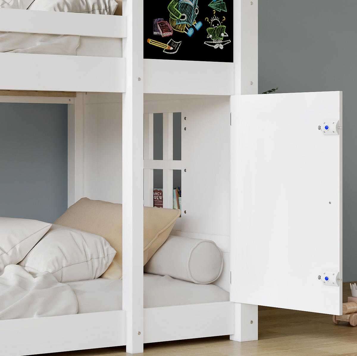 HAUSBETT 90/200 cm in Weiß mit Dach, Tafel und schräger Leiter - Weiß, Holzwerkstoff (90/200cm) - BEAOK