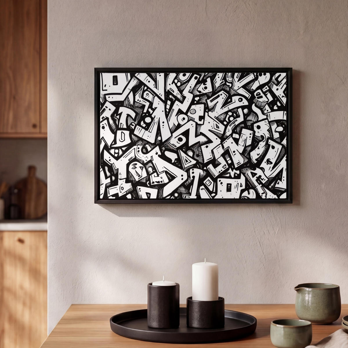 LEINWAND Bilder mit Rahmen - Formen - Buchstaben - Graffiti - Schwarz - 30x20 - Schwarz, Textil (30/20cm) - MuchoWow